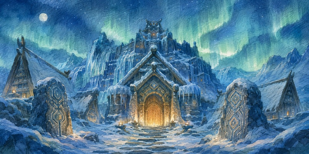 Illustration: A norse ice fortress on a frozen mountain: runestones, longhouse roofs under snow, aurora in the night sky, a frozen hall entrance